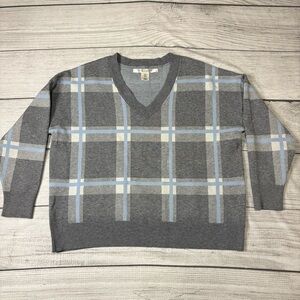 Max Studio Gray Plaid V-Neck Sweater Blue Windowpane Knit Pullover Plus Size 1X